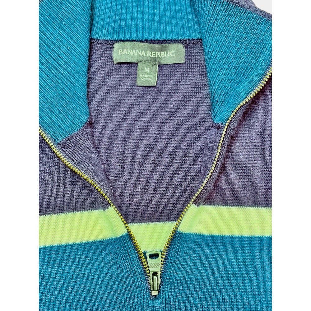 Banana Republic Mens Quarter Zip Sweater Teal Navy Colorblock Mock Neck Medium - Picture 3 of 5